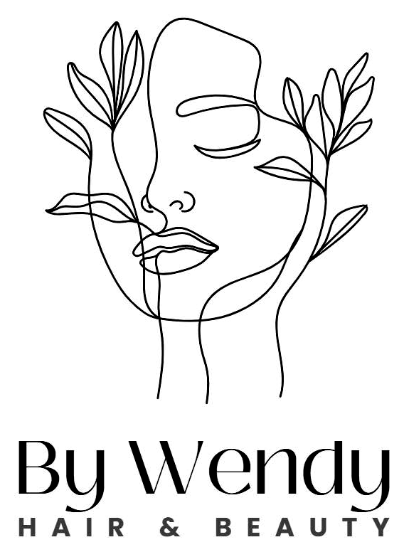 Lijntekening van een gezicht met bladeren, logo By Wendy